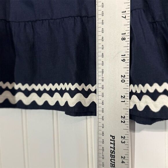 J.Crew Linen Cotton Peasant Top L Boho Navy Blue Embroidered Ruffle Hem Tassel - Picture 5 of 7